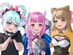 1boy 2girls alternate_hairstyle androgynous artist_name black_corset blue_hair blunt_bangs braid braided_ponytail commentary cone_hair_bun corset cross-laced_clothes cross-laced_dress dated diamond_cutout dress drill_hair facial_mark fire_emblem fire_emblem_engage folded_twintails fur_wrist_cuffs goldmary_(fire_emblem) group_hairstyle_switch hair_bun hair_flaps hair_horns hair_rings hairstyle_switch hand_mirror heart heart_facial_mark holding holding_mirror hortensia_(fire_emblem) low_ponytail mirror mugitoro_(dsfv2277) multicolored_hair multicolored_tiara multiple_girls nintendo open_mouth pink_eyes pink_hair ponytail ribbon rosado_(fire_emblem) sidelocks smile striped_clothes striped_dress two-tone_hair vertical-striped_clothes vertical-striped_dress white_ribbon wrist_cuffs