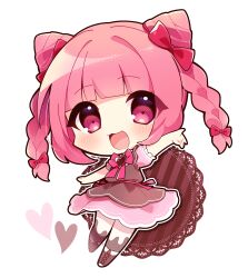 Rule 34 | 1girl, :3, :d, blunt bangs, blush, boots, borrowed character, bow, bowtie, braid, brown boots, brown dress, brown thighhighs, commentary request, cone hair bun, double bun, dress, frilled sleeves, frills, full body, hair bow, hair bun, highres, lace-up boots, looking at viewer, medium hair, misosiru 0224, open mouth, original, outline, outstretched arm, pink bow, pink bowtie, pink eyes, pink hair, pink skirt, short sleeves, simple background, skirt, smile, solo, standing, thighhighs, twin braids, white background, white outline
