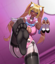 Rule 34 | 1girl, animal ear fluff, animal ears, black thighhighs, blonde hair, blue gloves, breasts, cat ears, choker, clemvd, clothing cutout, dark-skinned female, dark skin, feet, foot focus, garter belt, gloves, gyaru, highres, holding, holding footwear, holding shoes, holding unworn clothes, large breasts, leotard, long hair, looking at viewer, no shoes, open mouth, original, pink eyes, pink leotard, presenting foot, shoes, soles, solo, thighhighs, toes, twintails, unworn shoes, virtual youtuber