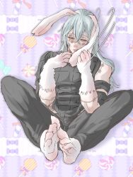1boy :p animal_ears asymmetrical_clothes barefoot black_pants black_shirt blue_eyes blue_hair candy candy_print clothing_cutout food food_print hair_between_eyes heterochromia highres ivii3 jujutsu_kaisen kemonomimi_mode knees_apart_feet_together mahito_(jujutsu_kaisen) male_focus pants rabbit_boy rabbit_ears rabbit_paws shirt shoulder_cutout smile solo stitched_arm stitched_face stitches tongue tongue_out white_fur yellow_eyes