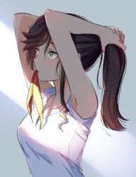 1girl breasts expressionless hattori_mitsuru medium_breasts shirt simple_background tagme tying_hair white_shirt