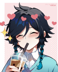 1boy absurdres aqua_hair black_hair blue_shirt blush braid bubble_tea closed_eyes cup disposable_cup drinking_straw genshin_impact gradient_hair hair_between_eyes heart highres holding holding_cup lkari_shi male_focus multicolored_hair shirt simple_background solo twin_braids venti_(genshin_impact) white_background white_shirt