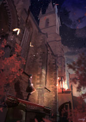 1girl amatsuki_rei artist_name black_hair castle female_focus full_moon highres lantern light_particles looking_at_viewer moon night night_sky original scenery short_hair signature sky solo standing star_(sky) starry_sky tree