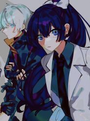 1boy 1girl black_necktie blue_eyes blue_jacket coat collared_shirt commentary_request honkai_(series) honkai_impact_3rd jacket kevin_kaslana lab_coat long_hair mei_(honkai_impact) necktie purple_hair shirt short_hair tsuzuki908 very_long_hair white_coat white_hair