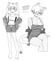 2girls animal_ear_fluff animal_ears arm_support arms_at_sides arms_behind_back asymmetrical_bangs bare_shoulders barefoot blush breasts cat_ears cat_girl cat_tail cleavage closed_mouth cocktail_dress collarbone commentary cosplay costume_switch covered_navel cropped_legs crossed_legs curled_fingers curled_tail curtained_hair dot_nose double-parted_bangs double_vertical_stripe drawstring dress earrings embarrassed english_commentary english_text extra_ears eyebrows_hidden_by_hair flat_chest full_body furrowed_brow go!_go!_gris! greyscale grin hair_intakes hair_over_one_eye half-closed_eyes hands_on_own_hips head_tilt highres hood hooded_jacket invisible_chair invisible_floor jacket jewelry kara_(go!_go!_gris!) large_breasts leg_up light_blush light_frown long_eyelashes long_hair long_legs looking_at_viewer monochrome multicolored_hair multicolored_jacket multiple_girls narrowed_eyes navel off_shoulder open_clothes open_jacket parted_bangs parted_lips petite raised_eyebrows raised_inner_eyebrows short_dress short_hair shorts siblings sideboob sidelocks simple_background sisters sitting sketch skindentation slit_pupils smile sports_bra standing straight-on streaked_hair stud_earrings tail thick_eyelashes thighs tied_drawstring tsurime twintails two-sided_fabric two-sided_jacket two-tone_hair two-tone_jacket two-tone_tail undersized_clothes v-shaped_eyebrows vertigris very_long_hair viska_(go!_go!_gris!) white_background wide_hips