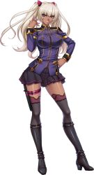 00s 1girl black_lilith boots breasts curvy dark-skinned_female dark_skin female_focus full_body highres kagami_hirotaka kangoku_senkan kangoku_senkan_3 kila_kushan knife large_breasts lilith-soft long_hair looking_at_viewer military military_uniform shiny_skin skirt smile solo standing thighs twintails