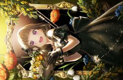 Rule 34 | 1girl, :d, acacia (flower), bare shoulders, black dress, black gloves, blue flower, blunt bangs, bouquet, brown hair, cowboy shot, daisy, dress, flower, flower request, fur-trimmed gloves, fur trim, game cg, gloves, hair over shoulder, highres, holding, holding bouquet, kachimachi kosuzu, kachimachi kosuzu (16th birthday), link! like! love live!, long hair, love live!, off-shoulder dress, off shoulder, official alternate costume, official art, open mouth, orange flower, pink eyes, poppy (flower), sideways, smile, solo, sun hair ornament, teeth, third-party source, upper teeth only, virtual youtuber, white flower, yellow flower