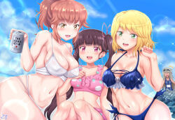 4girls beer_can bikini blue_bikini blue_sky breasts brown_hair can character_request cleavage collarbone commentary drink_can goggles goggles_on_head green_eyes hair_ribbon hand_on_own_chest highres holding holding_can koi_wa_sekai_seifuku_no_ato_de large_breasts lens_flare long_hair looking_at_viewer magahara_desumi majima_kiki medium_breasts multiple_girls navel open_mouth pink_bikini pink_eyes pink_ribbon ponytail ribbon samenoido school_swimsuit short_hair skull_bikini sky smile swimsuit teeth twintails upper_teeth_only white_bikini yellow_eyes