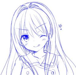 Rule 34 | 1girl, :p, blush, cube x cursed x curious, fear kubrick, female focus, long hair, lowres, one eye closed, sasorigatame, school uniform, sketch, solo, star (symbol), tongue, tongue out