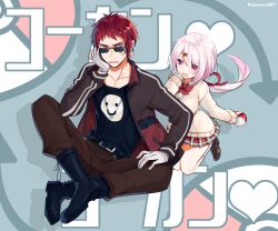 1boy 1girl :d absurdres arrow_(symbol) ball bans black_footwear black_shirt blush boots breasts brown_jacket brown_pants brown_sweater creatures_(company) crossover dice dice_earrings drop_shadow earrings game_freak gloves grey_background grey_gloves hair_between_eyes hair_ribbon highres holding holding_ball jacket long_hair long_sleeves low_ponytail medium_breasts nijisanji ninahachi nintendo open_clothes open_jacket open_mouth pants pink_hair plaid_clothes plaid_skirt pleated_skirt poke_ball poke_ball_(basic) pokemon ponytail puffy_long_sleeves puffy_sleeves purple_eyes red_ribbon red_skirt ribbon shiina_yuika shiina_yuika_(1st_costume) shirt sitting skirt sleeves_past_wrists smile sunglasses sweater tenkai_tsukasa twitter_username very_long_hair virtual_youtuber
