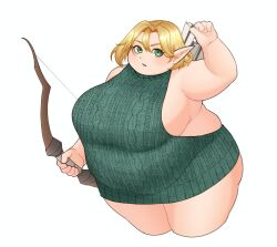 1girl arm_up arrow_(projectile) blonde_hair bow_(weapon) breasts elf fat fat_woman green_eyes green_sweater highres huge_breasts large_breasts meme_attire naked_sweater nishi_(naros1205) obese open_mouth original pointy_ears quiver short_hair sideboob sleeveless sleeveless_sweater solo standing sweater thick_arms thick_thighs thighs virgin_killer_sweater weapon white_background