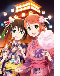 2girls artbook bag black_hair blunt_bangs candy_apple cotton_candy festival fish floral_print flower food gradient_hair green_eyes green_hair hair_between_eyes hair_bun hair_flower hair_ornament hairpin highres holding japanese_clothes kimono lantern looking_at_viewer love_live! love_live!_nijigasaki_high_school_idol_club medium_hair multicolored_hair multiple_girls night non-web_source obi official_art open_mouth pink_hair pink_kimono print_kimono sash smile summer_festival takasaki_yu tongue tongue_out twintails two-tone_hair uehara_ayumu yellow_eyes yukata