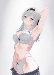 1girl absurdres aqua_hair armpits black_hairband blue_eyes blue_pants blush bra breasts cleavage denim firefly_(honkai:_star_rail) gradient_hair grey_hair hairband highres honkai:_star_rail honkai_(series) jeans long_hair medium_breasts multicolored_eyes multicolored_hair navel panties pants parted_lips pink_eyes simple_background solo tapioca_1022 two-tone_eyes underwear white_background white_bra white_panties