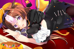 Rule 34 | 1girl, ahoge, animal ears, black dress, black pantyhose, brown hair, commentary request, dress, ear covers, frilled dress, frills, hair between eyes, hairband, highres, horse ears, horse girl, horse tail, lantern, light blush, long sleeves, lying, meisho doto (dot-o&#039;-lantern) (umamusume), meisho doto (umamusume), multicolored hair, official alternate costume, on side, open mouth, orange headwear, pantyhose, partial commentary, pole, purple eyes, purple hairband, qing yunyi, short hair, single ear cover, smile, solo, streaked hair, tail, umamusume, white hair