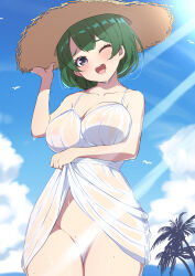 1girl :d bare_arms bird blue_sky blush breasts censored clothes_lift cloud collarbone commentary_request day dress dress_lift exhibitionism green_hair hat highres large_breasts light_censor mole mole_on_crotch no_panties one_eye_closed open_mouth original outdoors palm_tree public_indecency purple_eyes sakamata_(sakamata4) seagull see-through_clothes see-through_dress short_hair sidelocks sky smile solo standing straw_hat sunlight sweat teeth tree upper_teeth_only white_bird white_dress