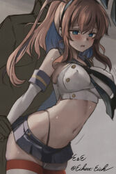 Rule 34 | 1girl, 1other, blue eyes, breasts, brown hair, cosplay, eckert&amp;eich, elbow gloves, empty eyes, gloves, high side ponytail, highres, kantai collection, large breasts, long hair, microskirt, navel, sailor collar, saratoga (kancolle), sex, shimakaze (kancolle), shimakaze (kancolle) (cosplay), side ponytail, sidelocks, simple background, skirt, sleeveless, striped clothes, striped thighhighs, thighhighs, twitter username