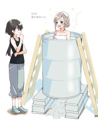 2girls bare_shoulders barrel barrel_bathtub bathing black_tank_top blue_eyes collarbone commentary_request dated edel_note full_body green_shoes grey_hair grey_pants hair_bun highres kanduki_kamibukuro katsuragi_izumi katsuragi_izumi_(summer_loungewear) ladder link!_like!_love_live! love_live! multiple_girls naked_towel open_mouth pants rectangular_mouth shoes short_hair single_hair_bun standing tank_top towel towel_on_head virtual_youtuber