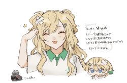 2girls abyssal_ship blonde_hair closed_eyes commentary_request creature crossed_bandaids faceless faceless_male kantai_collection makura_(kick_mt_kick) minneapolis_(kancolle) minneapolis_(tennis)_(kancolle) multiple_girls polo_shirt shirt sportswear tennis_uniform tongue tongue_out translation_request tuscaloosa_(kancolle) two_side_up upper_body wavy_hair white_shirt
