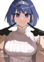 1girl ayoungart black_gloves blue_eyes blue_hair bow bow_earrings brown_coat closed_mouth coat earrings gloves grey_hairband hairband hashtag-only_commentary highres hololive hololive_english index_fingers_raised jewelry looking_at_viewer medium_hair ouro_kronii simple_background solo sweater turtleneck turtleneck_sweater virtual_youtuber white_background white_sweater