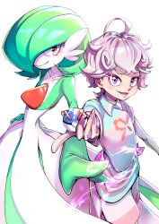 Rule 34 | 1boy, ahoge, bede (pokemon), blue shirt, bob cut, collared shirt, colored skin, curly hair, gardevoir, gen 3 pokemon, glowing, glowing eye, great ball, green hair, green skin, hair over one eye, highres, holding, holding poke ball, multicolored shirt, multicolored skin, nintendo, open mouth, pink hair, pink shirt, pink shorts, poke ball, pokemon, pokemon (creature), pokemon swsh, shirt, short hair, shorts, smile, tokatokato, two-tone skin, v-shaped eyebrows, white background, white skin