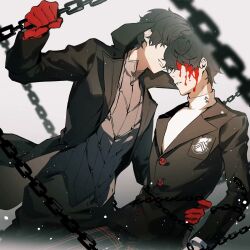 Rule 34 | 2boys, amamiya ren, black coat, black hair, black pants, blood, blood on face, chain, coat, dual persona, emblem, gloves, grey background, hand on another&#039;s waist, hashtag-only commentary, highres, joker (persona 5), lluyss, long sleeves, messy hair, multiple boys, no eyes, pants, parted lips, persona, persona 5, red gloves, school uniform, shirt, shuujin academy school uniform, smile, white shirt