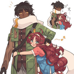 1boy 1girl ahoge arknights black_gloves black_hair blush chibi chibi_inset coat commentary couple cowboy_shot dark-skinned_male dark_skin emphasis_lines english_commentary gloves green_coat green_eyes grey_pants headpat hetero hug long_hair looking_at_another looking_at_viewer mifune_(goidenmarch) musical_note myrtle_(arknights) overalls pants plaid_clothes plaid_skirt pointy_ears ponytail red_hair red_shirt scarf shirt short_hair short_ponytail simple_background skirt spoken_musical_note thorns_(arknights) wavy_hair white_background white_scarf yellow_eyes
