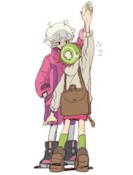 Rule 34 | 1boy, 1girl, arm up, arrcticc fish, backpack, bag, bede (pokemon), gloria (pokemon), hand in pocket, height difference, highres, nintendo, pokemon, pokemon swsh, white background, white hair