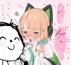 1boy 1girl absurdres animal_ear_headphones animal_ears aqua_bow blonde_hair blue_archive blush bow cat_ear_headphones doodle_sensei_(blue_archive) fake_animal_ears green_eyes hair_bow half-closed_eyes headphones heart highres ie_(raarami) midori_(blue_archive) open_mouth pink_background pink_shirt sensei_(blue_archive) shirt short_hair sweat teeth tongue translation_request upper_teeth_only white_shirt