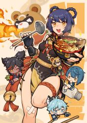 2boys 2girls ahoge bell black_dress black_gloves black_hair blue_gloves blue_hair bowl braid braided_hair_rings breasts chibi chili_pepper chongyun_(genshin_impact) chopsticks commentary dress fingerless_gloves fire fish foot_out_of_frame genshin_impact gloves gold_belt grin guoba_(genshin_impact) hair_rings highres holding holding_bowl holding_ladle jingle_bell kokuya_(kokuya28) ladle looking_at_viewer multiple_boys multiple_girls open_mouth pelvic_curtain purple_hair red_panda salt_shaker short_hair sleeveless sleeveless_dress small_breasts smile standing standing_on_one_leg symbol-only_commentary xiangling_(genshin_impact) xingqiu_(genshin_impact) xinyan_(genshin_impact) yellow_eyes