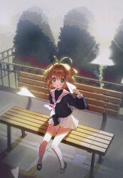 1girl :o absurdres antenna_hair bench between_legs black_cardigan black_shirt black_shoes brown_hair cardcaptor_sakura cardigan commentary english_commentary full_body green_eyes hair_bobbles hair_intakes hair_ornament hand_between_legs highres holding holding_paper_airplane kinomoto_sakura long_sleeves mary_janes medium_hair neckerchief on_bench open_mouth outdoors paper_airplane pleated_skirt sailor_collar school_uniform seoji serafuku shirt shoes sitting skirt socks solo tomoeda_elementary_school_uniform turtleneck turtleneck_shirt two_side_up undershirt white_neckerchief white_sailor_collar white_skirt white_socks