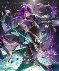 1boy black_gloves black_pants black_shirt braid closed_mouth commentary_request company_name gloves grey_jacket hair_over_one_eye holding holding_staff istyndet_(shadowverse) jacket jacket_on_shoulders long_hair magic male_focus mikebosi official_art open_clothes open_jacket pants purple_eyes purple_hair shadowverse shirt smirk solo staff standing very_long_hair