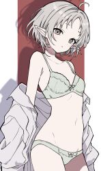 1girl absurdres blackcatpancake bra closed_mouth highres looking_at_viewer mushoku_tensei navel pointy_ears shadow shirt solo stomach sylphiette_(mushoku_tensei) underwear undressing