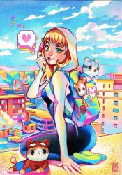 Rule 34 | 1girl, :&lt;, artist name, backpack, bag, blonde hair, bodysuit, breasts, cat, cloud, commentary, cosplay, english commentary, fangs, from behind, gouache (medium), gwen stacy, heart, hood, hooded bodysuit, long hair, looking back, marvel, open mouth, outdoors, painting (medium), parted lips, photoshop (medium), pixelated, rian gonzales, sitting, small breasts, solo, speech bubble, spider-gwen, spider-man, spider-man (cosplay), spider-man (series), spoken heart, superhero costume, traditional media, watercolor (medium)