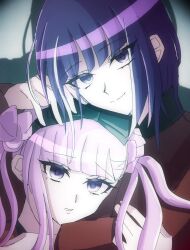 1boy 1girl black_bow bow breasts brother_and_sister close-up closed_mouth hair_bow huge_breasts long_hair looking_at_viewer matching_hair/eyes open_mouth pink_hair purple_eyes purple_hair siblings smile the_hundred_line_-last_defense_academy- tsukumo_ima tsukumo_kako twins twintails upper_body