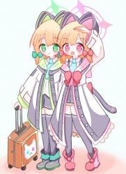 2girls :d absurdres animal_ear_headphones animal_ears aqua_background aqua_necktie arm_up black_boots black_coat black_shorts black_skirt black_tail black_thighhighs blonde_hair blue_archive blush_stickers boots bow buttons cat_ear_headphones cat_ears cat_tail closed_mouth coat collared_shirt commentary_request dot_nose fake_animal_ears fake_tail frilled_coat frilled_skirt frills full_body green_bow green_coat green_eyes green_halo green_trim hair_bow halo headphones highres holding holding_suitcase hood hood_down hooded_coat long_sleeves looking_at_viewer low-tied_sidelocks medium_hair midori_(blue_archive) miniskirt momoi_(blue_archive) multicolored_coat multiple_girls necktie onrataon open_clothes open_coat open_mouth parted_bangs pink_boots pink_coat pink_eyes pink_halo pink_hood pink_trim pleated_skirt red_bow rolling_suitcase salute school_uniform shirt short_shorts shorts siblings sidelocks simple_background sisters skirt smile standing suitcase suspender_skirt suspenders tail tail_bow tail_ornament tareme thighhighs twins white_coat white_shirt