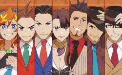 2girls 5boys absurdres ace_attorney ace_attorney_investigations ace_attorney_investigations_2:_prosecutor&#039;s_gambit antenna_hair apollo_justice apollo_justice:_ace_attorney athena_cykes black-framed_eyewear black_hair black_necktie blue_eyes blue_hairband blue_jacket blue_necktie breasts brown_eyes brown_hair brown_jacket brown_scarf brown_shirt brown_vest caramelrag cleavage collared_shirt column_lineup crescent crescent_earrings diego_armando earrings facial_hair fedora fist_in_hand gloves green_necktie gregory_edgeworth hair_between_eyes hairband hand_on_own_hat hat highres jacket jewelry lipstick looking_at_viewer magatama makeup mia_fey multiple_boys multiple_girls necklace necktie orange_hair partially_fingerless_gloves phoenix_wright phoenix_wright:_ace_attorney phoenix_wright:_ace_attorney_-_dual_destinies phoenix_wright:_ace_attorney_-_trials_and_tribulations red_jacket red_necktie red_shirt scarf shigaraki_tateyuki shirt short_hair small_sweatdrop smile stubble twitter_username vest white_shirt