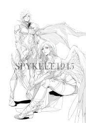 1boy 1girl angel_wings artist_name bare_shoulders blue_eyes bodysuit breasts cleavage cloud_strife cloud_strife_(bahamut_garb) commentary_request commission covered_navel crop_top dragon_wings earrings facial_mark feather_earrings feathered_wings feathers final_fantasy final_fantasy_vii final_fantasy_vii_ever_crisis full_body greyscale highres holding holding_weapon jewelry large_breasts leaning_forward long_hair monochrome official_alternate_costume parted_lips red_eyes short_hair single_earring single_wing sitting sketch spiked_hair spot_color spykeee standing swept_bangs thigh_strap thighs tifa_lockhart tifa_lockhart_(feather_style) vgen_commission weapon white_background wings
