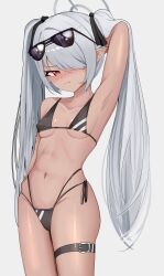 1girl abs arm_at_side arm_behind_head arm_up armpits bikini black_bikini black_ribbon blue_archive breasts cameltoe collarbone covered_erect_nipples cowboy_shot dark-skinned_female dark_skin embarrassed female_focus grey_hair hair_over_one_eye hair_ribbon iori_(blue_archive) iori_(swimsuit)_(blue_archive) leg_strap long_hair looking_at_viewer meemz_a navel official_alternate_costume petite pointy_ears red_eyes ribbon side-tie_bikini_bottom small_breasts solo standing sunglasses sunglasses_on_head swimsuit toned toned_female twintails