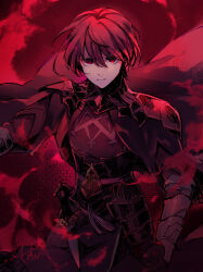 1boy armor black_cape cape commentary_request dark_persona fire_emblem fire_emblem:_three_houses fire_emblem_engage hair_between_eyes male_byleth_(emblem)_(fire_emblem) male_byleth_(fire_emblem) male_focus nintendo official_alternate_hair_color red_aura red_eyes red_hair red_theme short_hair solo standing tefutene