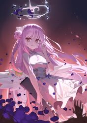1girl absurdres angel_wings blue_archive blunt_bangs chinese_commentary commentary dress feathered_wings frilled_dress frills gun hair_bun halo highres holding holding_gun holding_weapon lanchester_smg long_hair low_wings mika_(blue_archive) open_mouth pink_hair pink_halo rifle school_uniform single_side_bun standing submachine_gun tears very_long_hair weapon white_dress white_wings wings wlswlp yellow_eyes