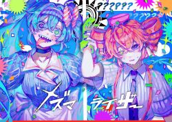 Rule 34 | 2girls, ?, apron, aqua eyes, arm up, black choker, black nails, black necktie, blue background, blue dress, blue hair, blush, breasts, buttons, choker, cloud, collared dress, collared shirt, dress, drill hair, fingernails, flat chest, hair between eyes, hat, hatsune miku, highres, holding hands, kasane teto, kepi, large breasts, looking at viewer, mesmerizer (vocaloid), military hat, mismatched pupils, multiple girls, necktie, nervous, oo6, open mouth, orange background, puffy short sleeves, puffy sleeves, purple eyes, sailor collar, sharp teeth, shirt, short sleeves, smiley hat ornament, star-shaped pupils, star (symbol), striped clothes, striped shirt, suspenders, symbol-shaped pupils, teeth, tongue, tongue out, twin drills, twintails, upper body, utau, vocaloid, waist apron, watercolor effect, white apron, white background, white sailor collar, wing collar