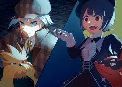 1boy 1girl absurdres alternate_color animal_ears ascot black_hair blue_eyes blue_hair fox_ears gen_5_pokemon gen_8_pokemon gloves highres nintendo official_alternate_costume open_mouth plaid_clothes pokemon pokemon_(creature) pokemon_masters_ex red_eyes shiny_pokemon steven_stone steven_stone_(special_costume) stoutland thievul white_ascot white_gloves yuha_(donkarasu03) zinnia_(pokemon) zinnia_(special_costume)_(pokemon)