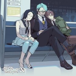 1girl 2boys artist_name beard black_hair brown_hair challia_bull collared_shirt commentary comoli_harcourt copyright_name crossed_arms english_commentary english_text facial_hair green_hair gundam gundam_gquuuuuux highres jacket leaning_on_person long_sleeves mole mole_under_eye mole_under_mouth multiple_boys mustache necktie pants shirt shoes short_hair sitting sleeping thank_you train_interior twitter_username worvies xavier_olivette