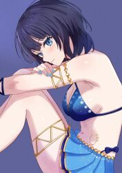 1girl absurdres armlet asaka_karin beniyomogi blue_background blue_eyes blue_hair blue_nails blue_skirt breasts cleavage commentary highres jewelry large_breasts looking_at_viewer love_live! love_live!_nijigasaki_high_school_idol_club medium_hair nail_polish navel open_mouth pleated_skirt simple_background skirt solo stomach thigh_strap