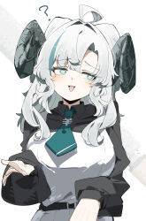 1girl ? absurdres ahoge aqua_eyes aqua_hair aqua_necktie black_dress black_horns blush clueless collared_dress commentary_request curled_horns curtained_hair dress forehead grey_hair hand_up highres horizontal_pupils horns long_sleeves looking_to_the_side maton_3110 multicolored_hair necktie open_hand open_mouth original puffy_sleeves solo two-tone_dress two-tone_hair upper_body white_background white_dress
