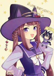 2girls adversarial_noise animal_ear_headwear animal_ears black_hair black_hat bow bowtie brown_hair commentary dated fake_animal_ears hair_rings hands_on_own_hips happy_birthday hat hi_(ibisf5umauma) highres holding holding_sign horse_ears horse_girl horse_tail kitasan_black_(umamusume) long_hair long_sleeves looking_at_viewer mini_person minigirl multiple_girls open_mouth purple_eyes purple_shirt purple_skirt red_eyes sailor_collar school_uniform shirt sign skirt star_(symbol) sweep_tosho_(umamusume) tail tracen_school_uniform twintails twitter_username umamusume upper_body witch_hat yellow_background
