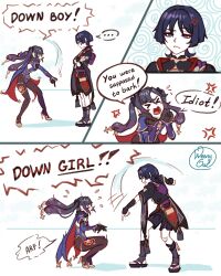 Rule 34 | &gt; &lt;, 1boy, 1girl, anger vein, annoyed, armor, artist name, black bow, black gloves, black hair, black kimono, black pantyhose, black sandals, black shorts, black sleeves, blue cape, blue leotard, blue trim, blunt bangs, blunt ends, blush stickers, bow, bridal legwear, bright pupils, cape, clenched hands, closed eyes, crossed arms, detached sleeves, down boy!! (meme), elbow gloves, english text, eyeliner, eyeshadow, flying sweatdrops, fur collar, furisode, genshin impact, gloves, gold, gold shoes, gradient hair, hair between eyes, hair bow, hands up, high heels, highleg, highleg leotard, highres, japanese armor, japanese clothes, jewelry, juban, kimono, kote, kurokote, leotard, long hair, looking at another, makeup, mandarin collar, meme, mona (genshin impact), motion lines, multicolored hair, neck ring, o-ring, open mouth, pantyhose, parted bangs, pointing, pointing down, purple bag, purple eyes, purple hair, purple rope, purple sash, purple sleeves, red cape, red eyeliner, red eyeshadow, red kimono, red sash, role reversal, rope, sandals, sash, scaramouche (genshin impact), shimenawa, shoes, shorts, speech bubble, squatting, standing, star ornament, stirrup legwear, streaked hair, tassel, thighlet, toeless legwear, twintails, two-sided cape, two-sided fabric, weenyowl, white kimono, white pupils, white rope, wispy bangs, zouri
