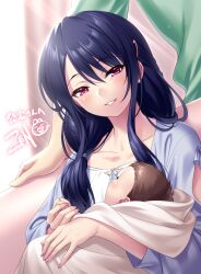 1girl 2boys absurdres aged_up black_hair blue_dress blush brown_hair child collarbone commentary_request commission couple dress eyelashes eyes_visible_through_hair family father_and_daughter fingernails hair_between_eyes hair_ornament hair_over_shoulder hairclip happy hetero highres holding_hands indoors izanami_kyouko kamisama_ni_natta_hi lips long_hair looking_at_another looking_down low_ponytail mature_female mother_and_son multiple_boys parted_lips pink_eyes ponytail second-party_source short_hair sidelocks signature sitting skeb_commission smile solo_focus upper_body very_short_hair zen_(kamuro)