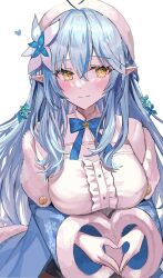 Rule 34 | 1girl, absurdres, ahoge, beret, blue coat, blue hair, breasts, center frills, closed mouth, coat, elf, flower, frills, fur-trimmed coat, fur trim, hair flower, hair ornament, hat, heart, heart ahoge, heart hands, highres, hololive, large breasts, long hair, looking at viewer, multicolored hair, pointy ears, rum raisin (chihiromakita19), shirt, smile, solo, streaked hair, very long hair, virtual youtuber, white hat, white shirt, yellow eyes, yukihana lamy, yukihana lamy (1st costume)