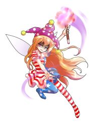 american_flag american_flag_dress american_flag_legwear american_flag_print arm_up clownpiece commentary_request dairi double-parted_bangs fairy_wings flag_print floating_hair full_body half-closed_eyes hat highres holding holding_torch jester_cap long_hair looking_at_viewer motion_blur no_shoes orange_hair outstretched_arm pantyhose parted_lips pink_eyes polka_dot_headwear purple_hat shaded_face short_sleeves simple_background tachi-e torch touhou transparent_background very_long_hair wavy_hair wings